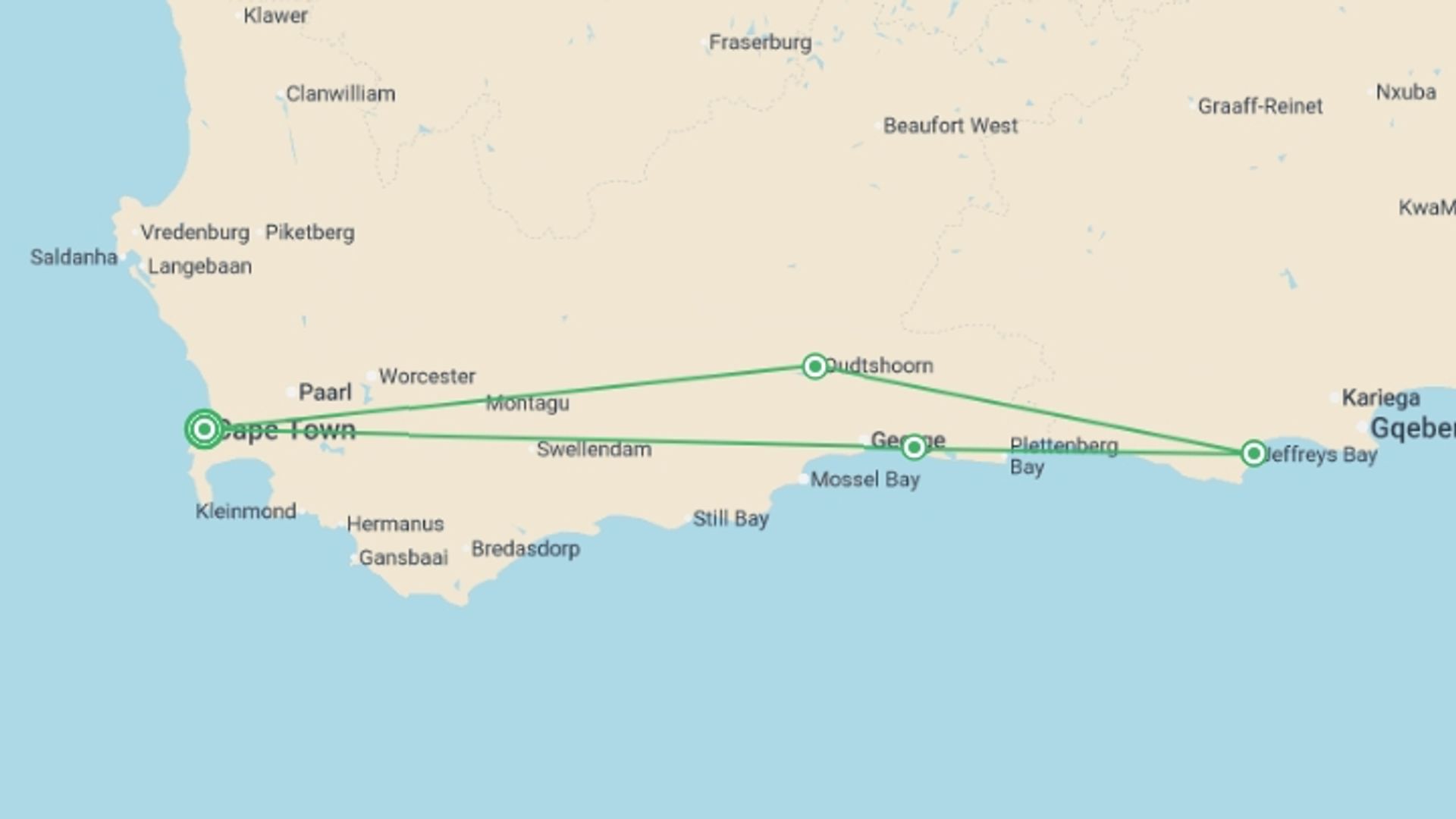 A map showing the tour itinerary for the trip: Cape Town & Garden Route Voluntour 14D/13N, starting in Cape Town, South Africa and ending in Cape Town, South Africa going through 3 other destinations.