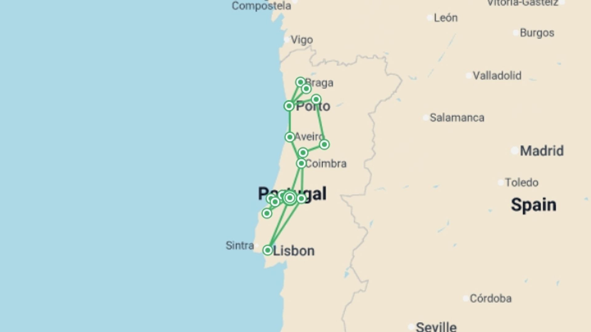 A map showing the tour itinerary for the trip: North Of Portugal, German-speaking Guide, starting in undefined, Portugal and ending in undefined, Portugal going through 1 other destinations.