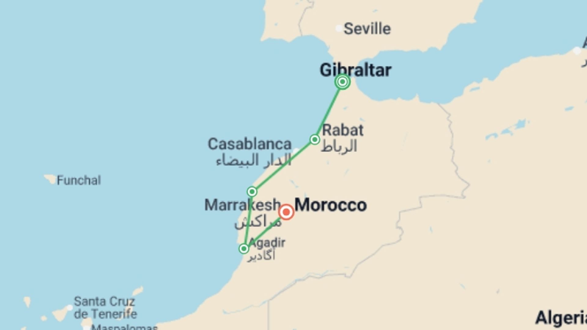 A map showing the tour itinerary for the trip: Morocco, from Tangier to Marrakech, starting in Tangier, Morocco and ending in Marrakech, Morocco going through 3 other destinations.