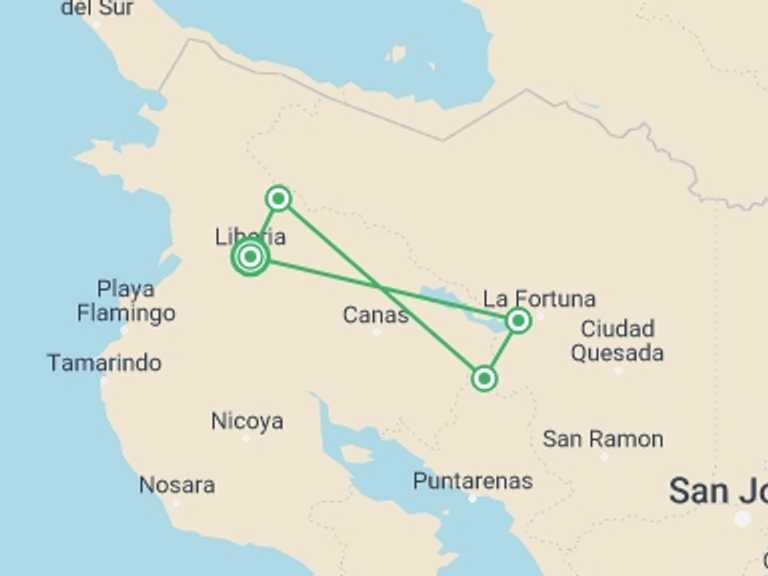 Map of Costa Rica Tour with 4 destination visits for the trip: Mystic Waterfalls & Forests Of Costa Rica
