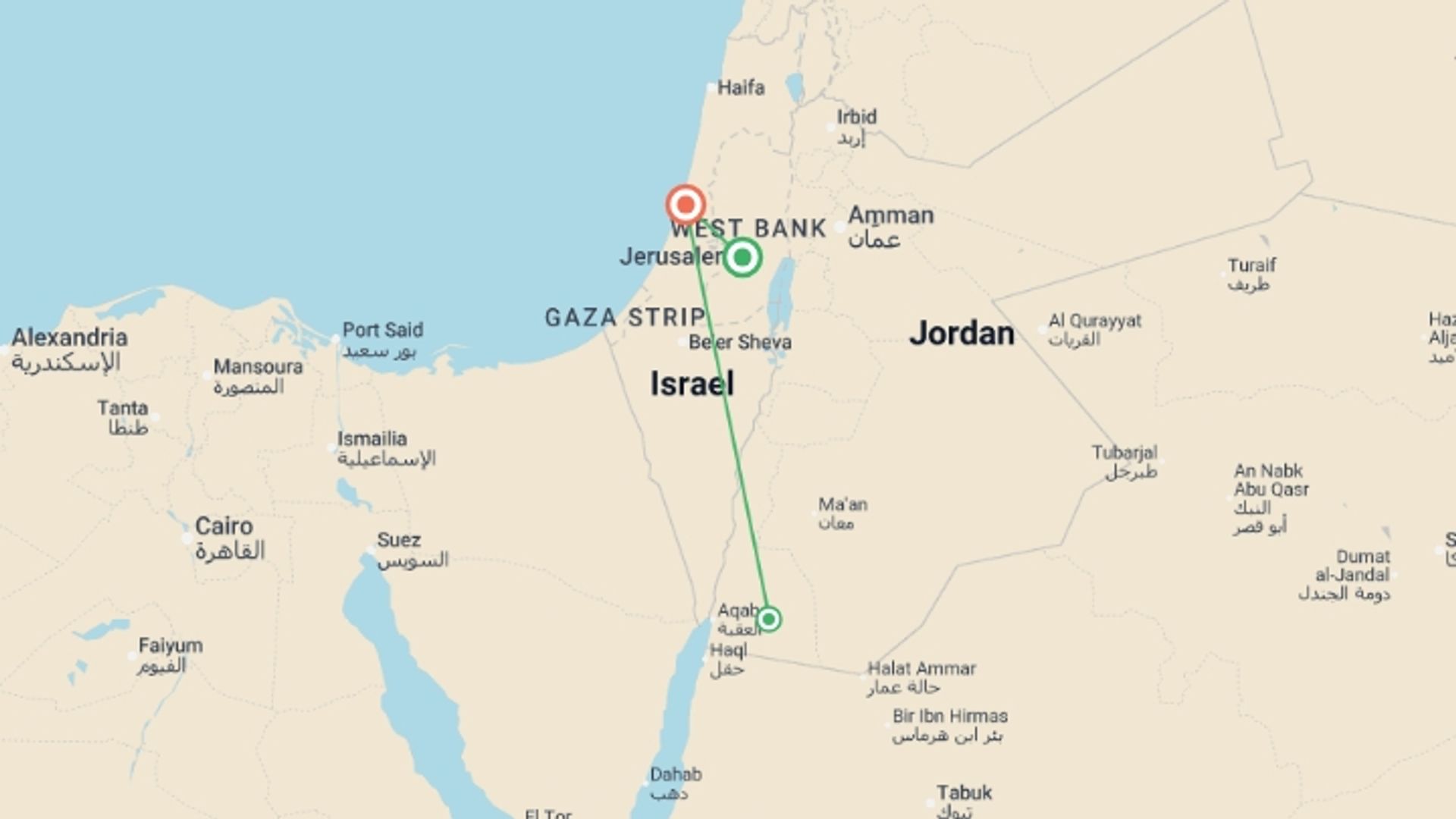 A map showing the tour itinerary for the trip: Petra & Wadi Rum Experience 2D/1N (from Jerusalem), starting in Jerusalem, Israel and ending in Tel Aviv, Israel going through 1 other destinations.