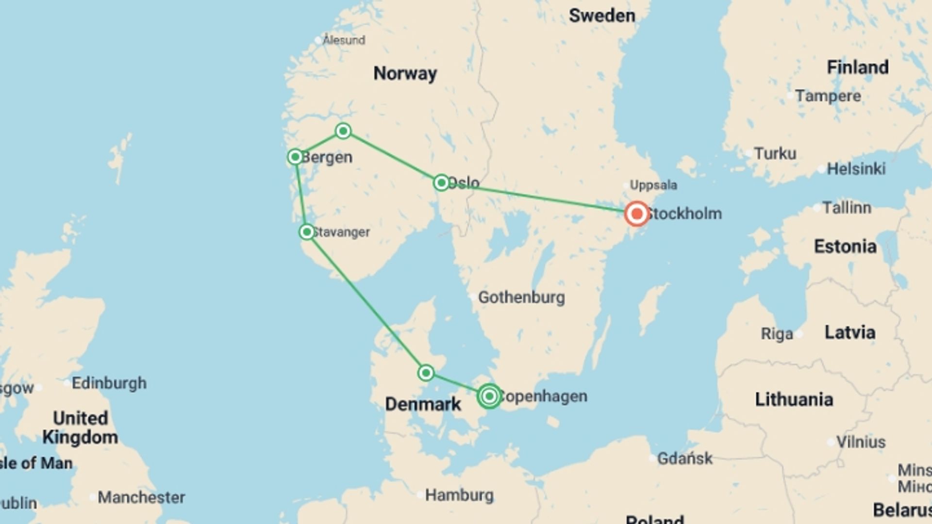 A map showing the tour itinerary for the trip: Scandinavia Discovery: Denmark, Norway & Sweden, starting in Copenhagen, Denmark and ending in Stockholm, Sweden going through 5 other destinations.