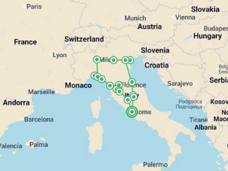 Map of a Sightseeing Tour with 8 destination visits for the trip: Treasures of Italy