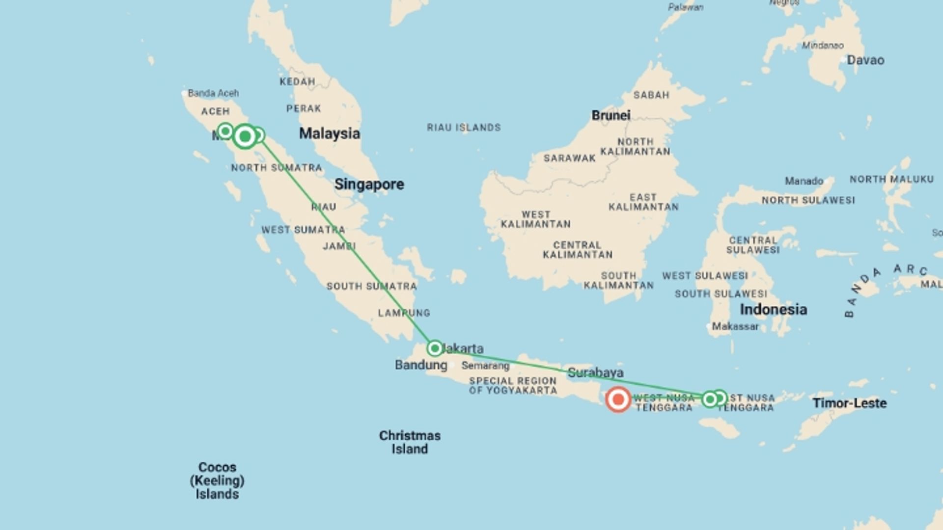A map showing the tour itinerary for the trip: Primates & Dragons of Indonesia, starting in Sumatra, Indonesia and ending in Ubud, Indonesia going through 7 other destinations.