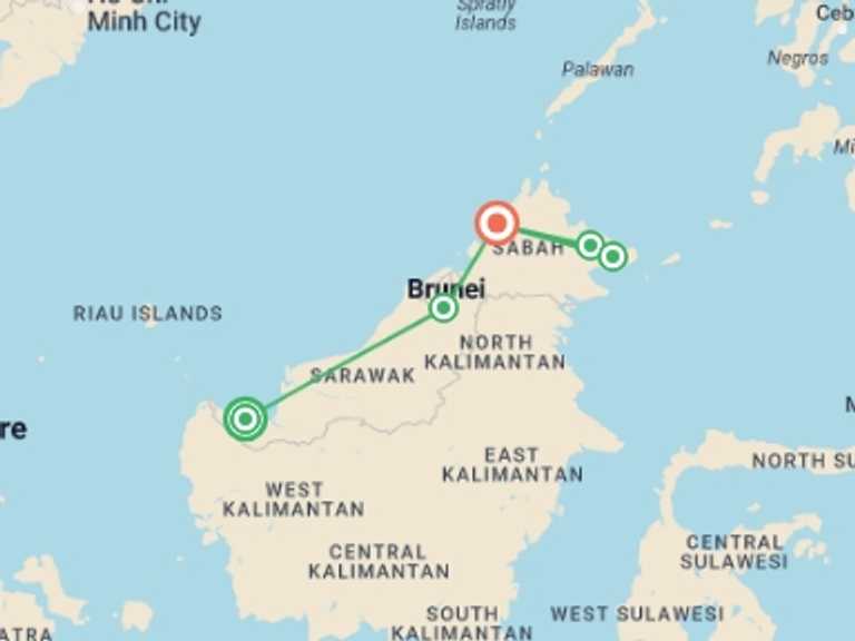 Map of a Wildlife Tour with 5 destination visits for the trip: Journeys: Best of Borneo