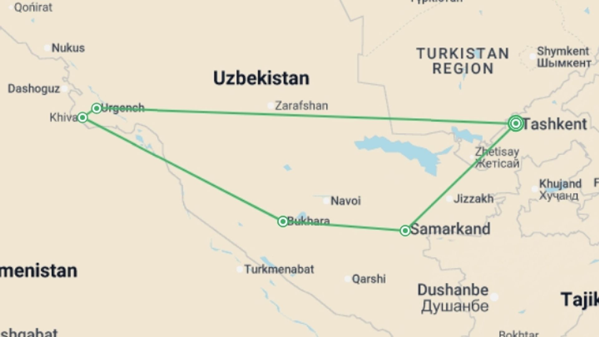 A map showing the tour itinerary for the trip: Uzbekistan Explorer, starting in Tashkent, Uzbekistan and ending in Tashkent, Uzbekistan going through 3 other destinations.