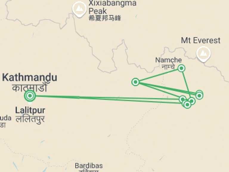 Map itinerary of Nepal Tour in Winter with 10 destination visits for the trip: Mera Peak Climbing - 15 Days
