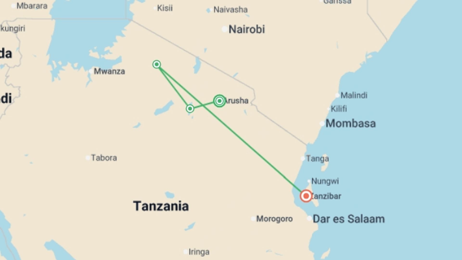 A map showing the tour itinerary for the trip: Tanzania Safari & Beach - 14 days, starting in Arusha, Tanzania and ending in Zanzibar, Tanzania going through 2 other destinations.