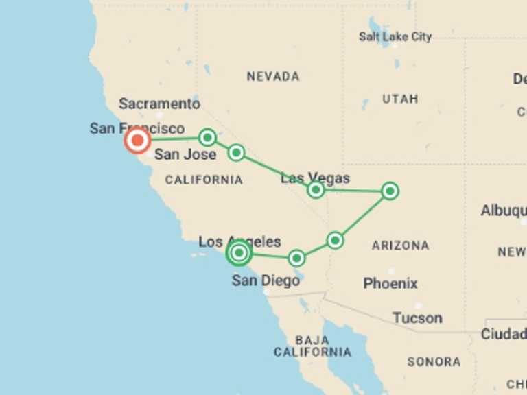 Map of San Francisco Natural landmarks sightseeing Tour with 7 destination visits for the trip: Wild Western USA