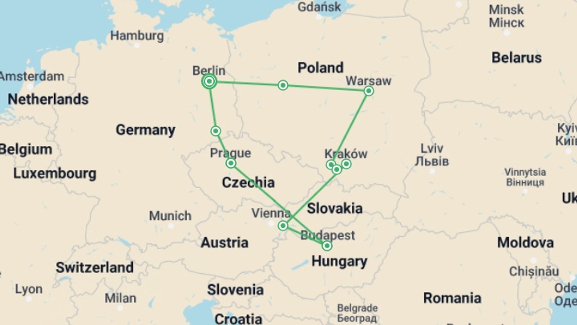 A map showing the tour itinerary for the trip: Berlin, Prague, Budapest, and Poland, starting in Berlin, Germany and ending in Berlin, Germany going through 5 other destinations.