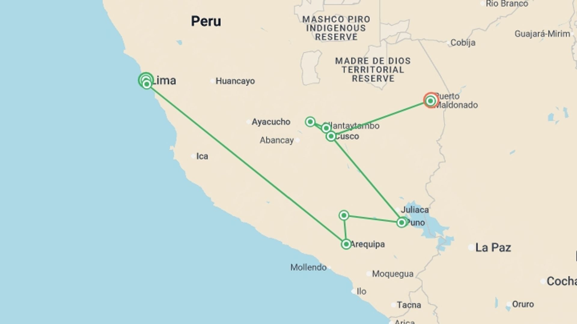 A map showing the tour itinerary for the trip: Upgraded - Discover Peru + the Amazon, starting in Lima, Peru and ending in Puerto Maldonado, Peru going through 9 other destinations.