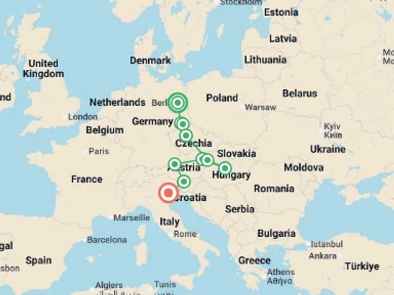 Map itinerary of Venice Tour in January 2027 with 9 destination visits for the trip: Berlin to Venice