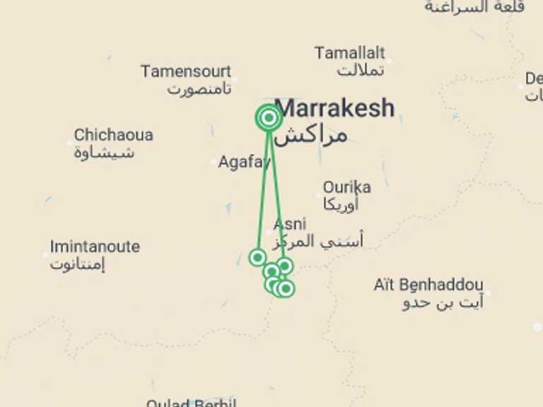 Map of Mediterranean Trekking and Hiking Tour with 7 destination visits for the trip: High Atlas Trek