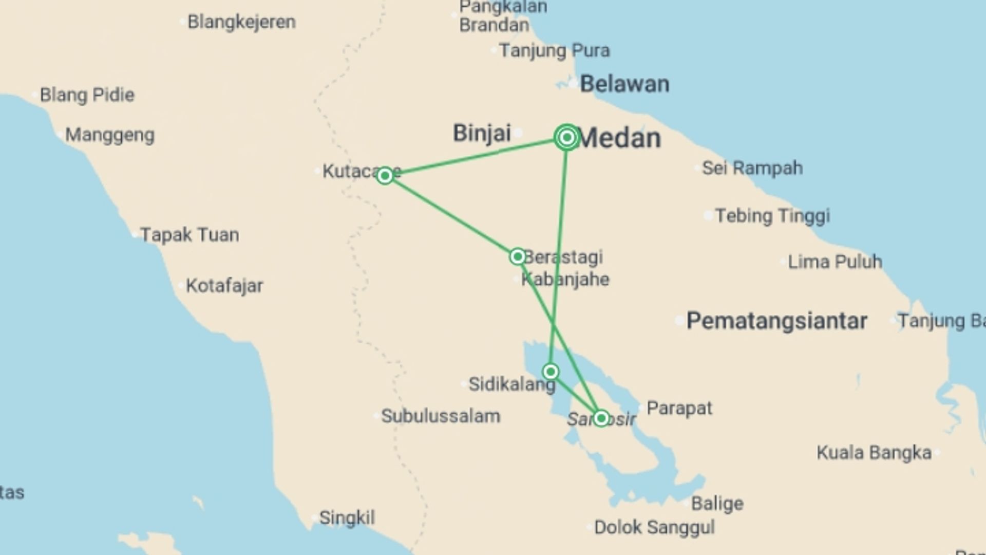 A map showing the tour itinerary for the trip: Highlights of Sumatra, starting in Medan, Indonesia and ending in Medan, Indonesia going through 4 other destinations.