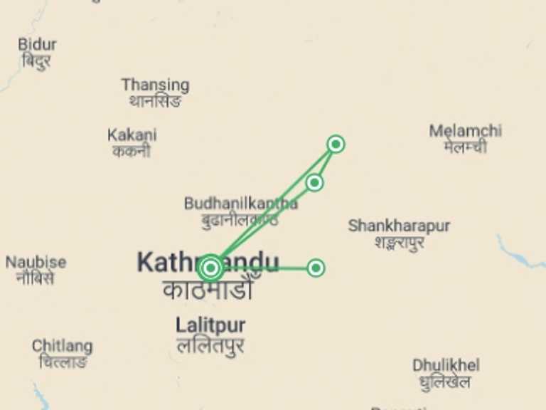 Map itinerary of Nepal Tour in Winter with 2 destination visits for the trip: Chisapani to Nagarkot Trek