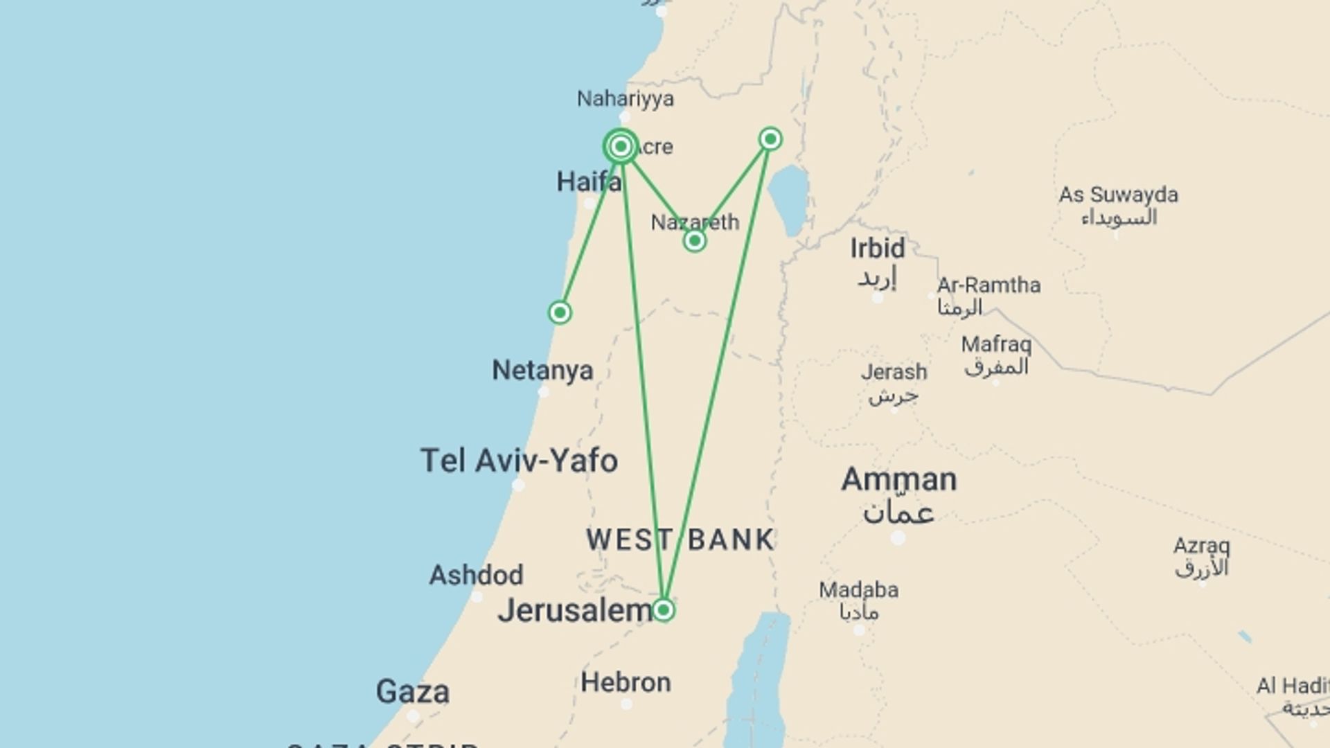 A map showing the tour itinerary for the trip: Nazareth And Caesarea, 2 Days From Jerusalem, starting in Acre, Israel and ending in Acre, Israel going through 1 other destinations.