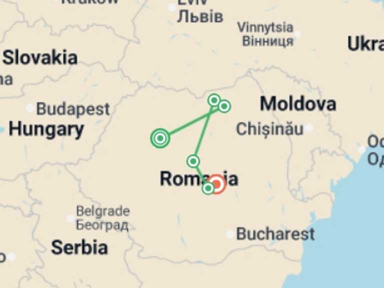 Map itinerary of Eastern Europe Tour in Summer with 7 destination visits for the trip: Hiking in Romania: Via Transilvanica Trail