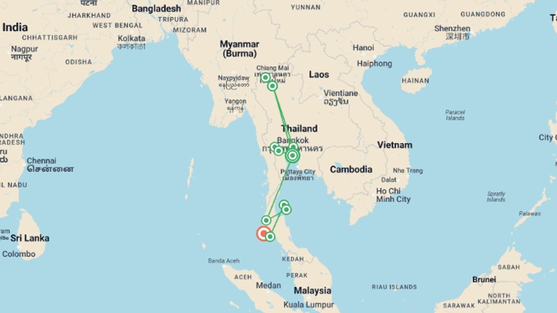 A map showing the tour itinerary for the trip: Total Thailand, starting in Bangkok, Thailand and ending in Phuket, Thailand going through 9 other destinations.