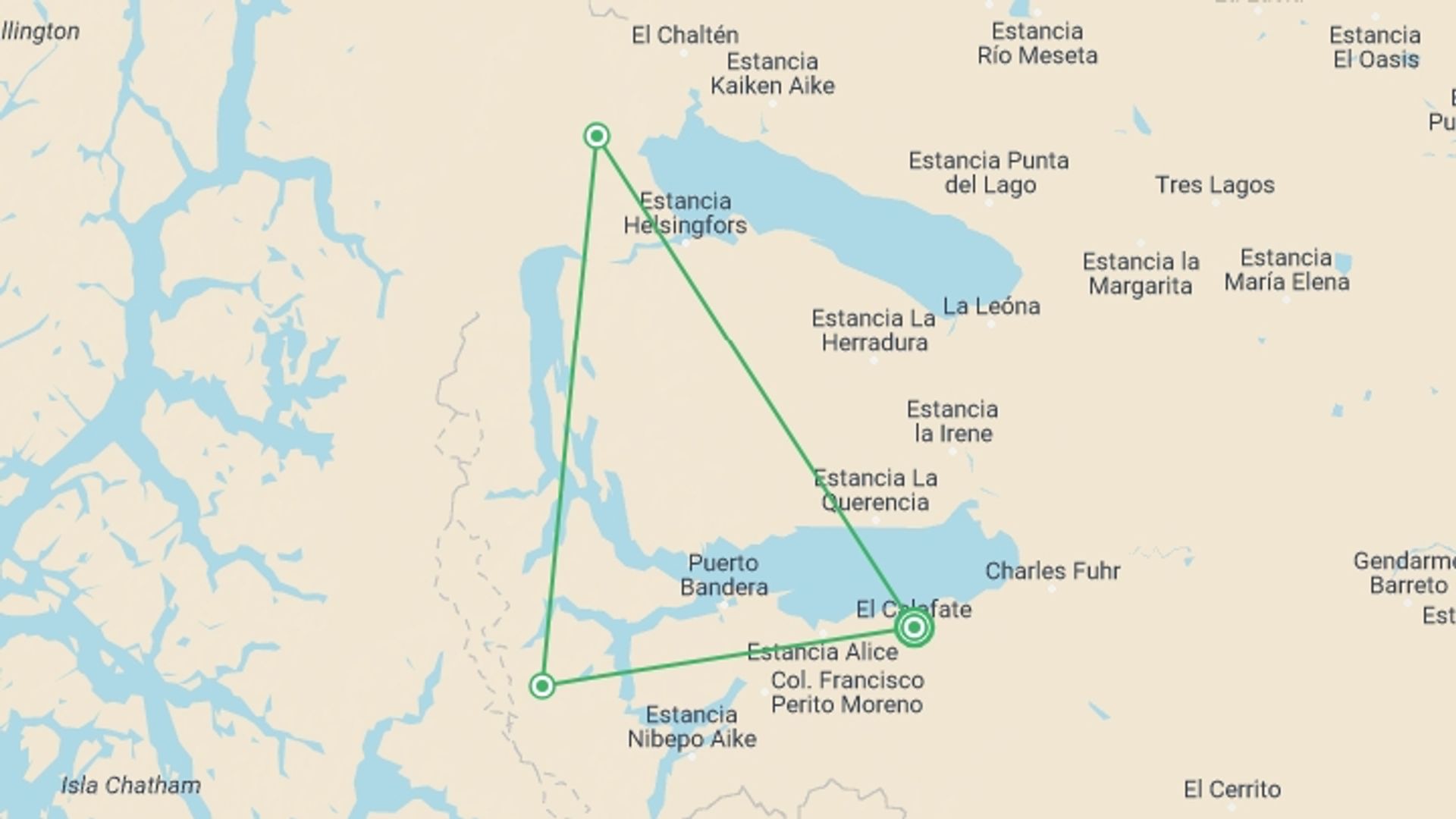 A map showing the tour itinerary for the trip: El Calafate & Perito Moreno Glacier - 3 nights, starting in El Calafate, Argentina and ending in El Calafate, Argentina going through 3 other destinations.