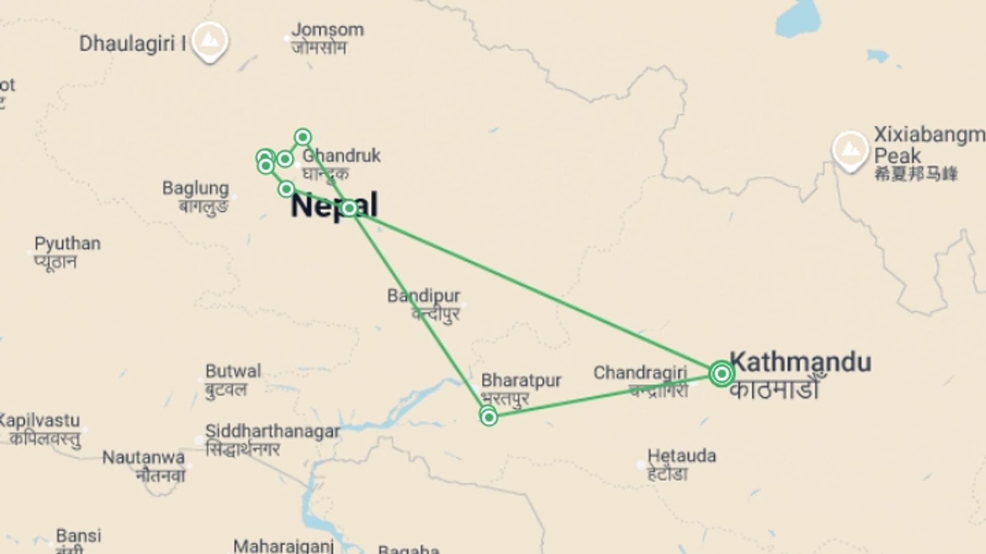 A map showing the tour itinerary for the trip: Annapurna Chitwan, starting in Kathmandu, Nepal and ending in Kathmandu, Nepal going through 7 other destinations.