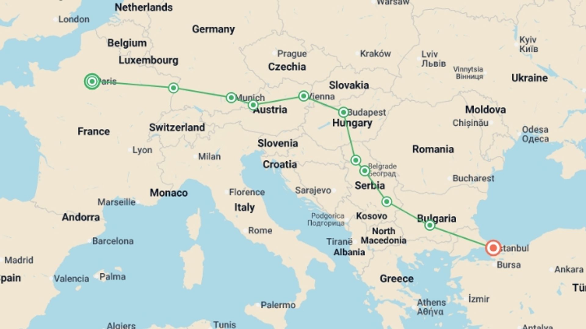 A map showing the tour itinerary for the trip: Express to the Orient: Paris to Istanbul, starting in Paris, France and ending in Istanbul, Turkey going through 7 other destinations.