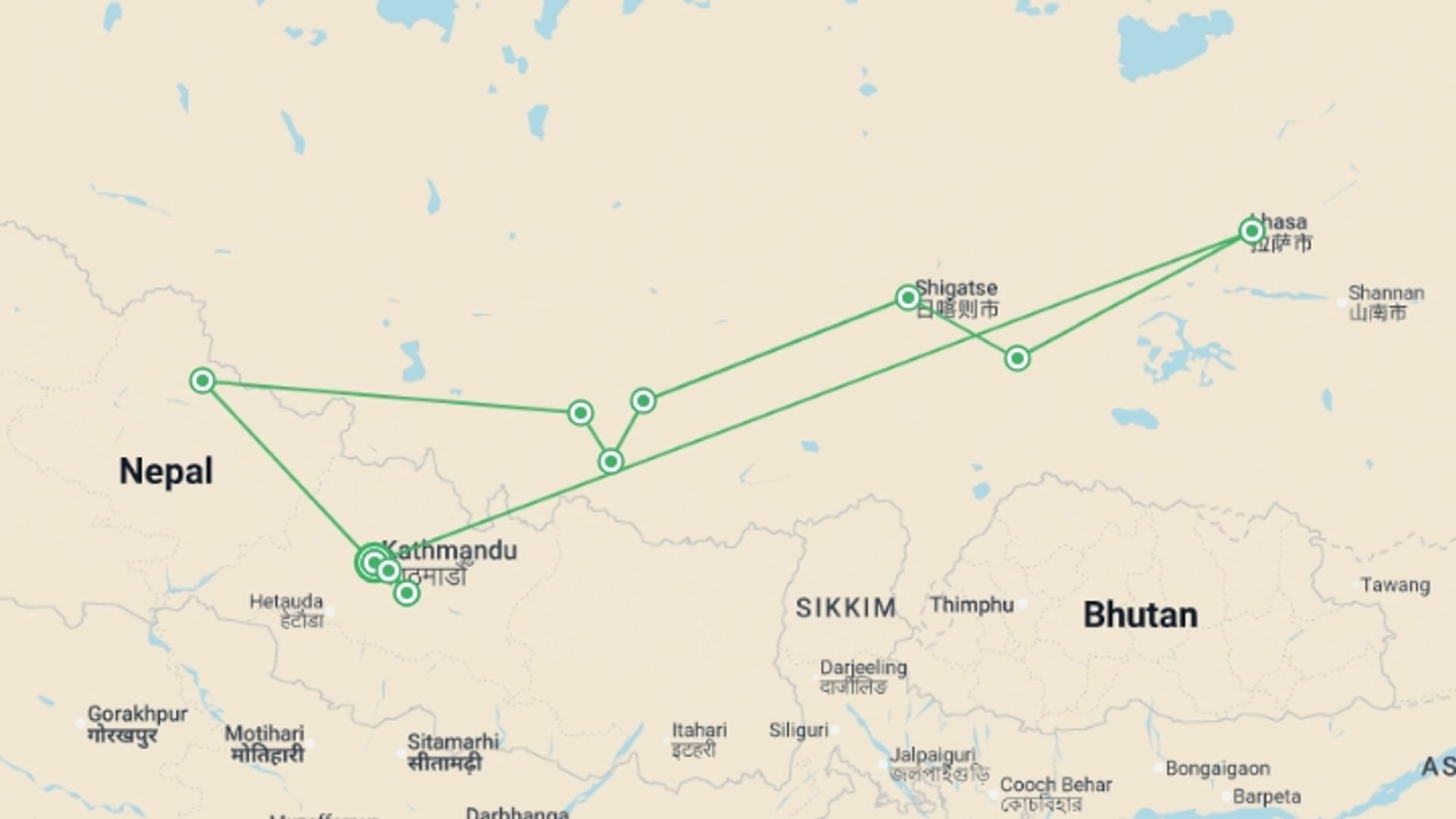 A map showing the tour itinerary for the trip: Lhasa to Kathmandu via Tibet's Everest BC, starting in Kathmandu, Nepal and ending in Kathmandu, Nepal going through 8 other destinations.