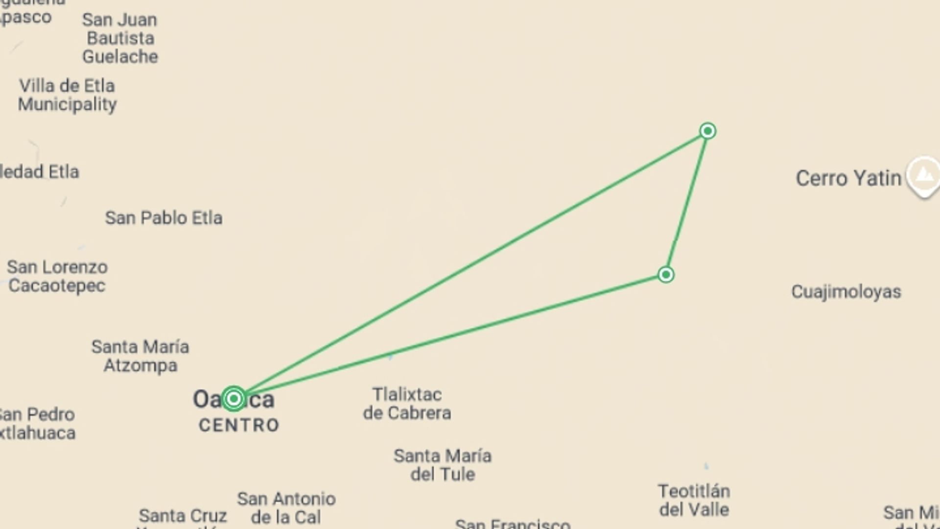 A map showing the tour itinerary for the trip: Hiking in Mexico: Oaxaca’s Indigenous Highlands, starting in Oaxaca, Mexico and ending in Oaxaca, Mexico going through 2 other destinations.