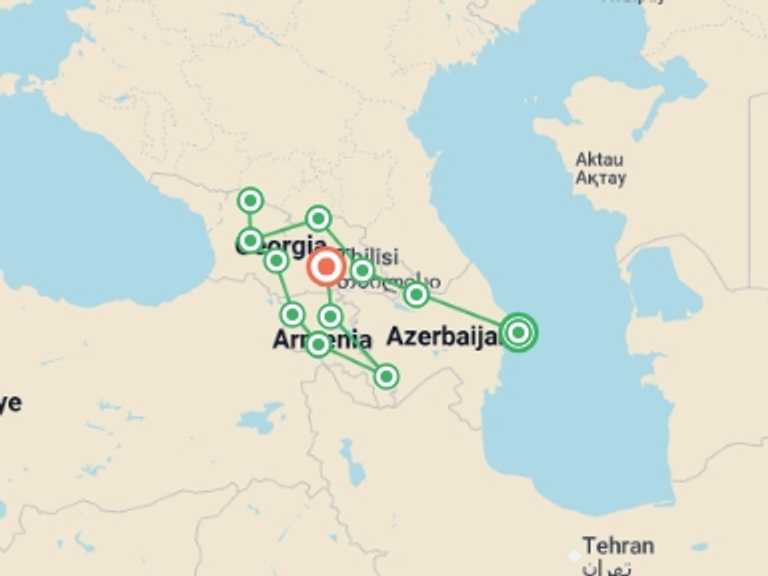 Map of a Mountains Tour with 12 destination visits for the trip: Mountains and Monasteries