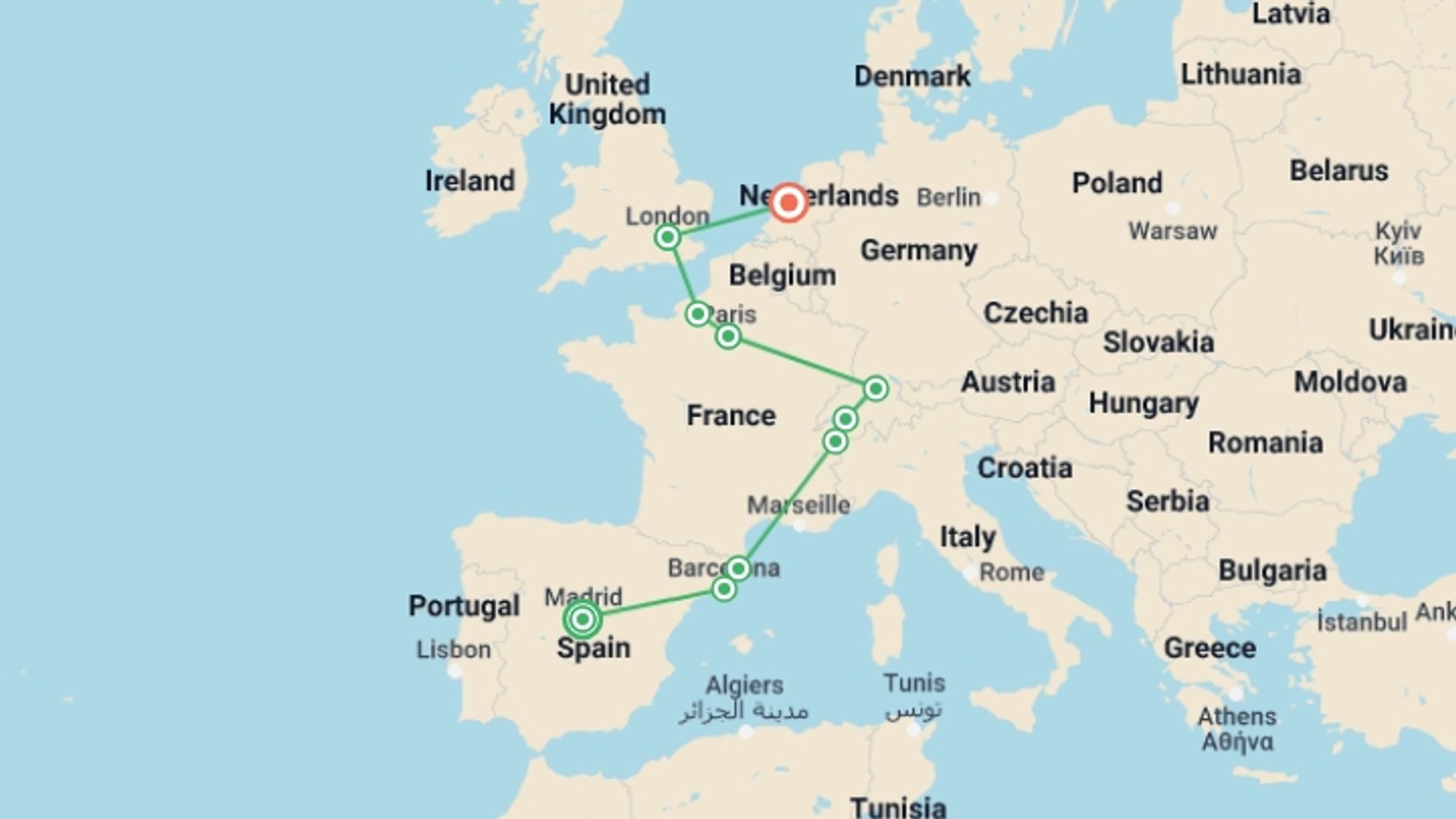 A map showing the tour itinerary for the trip: Sensational Spain, Switzerland, Paris, London and Amsterdam, starting in Madrid, Spain and ending in Amsterdam, Holland going through 8 other destinations.