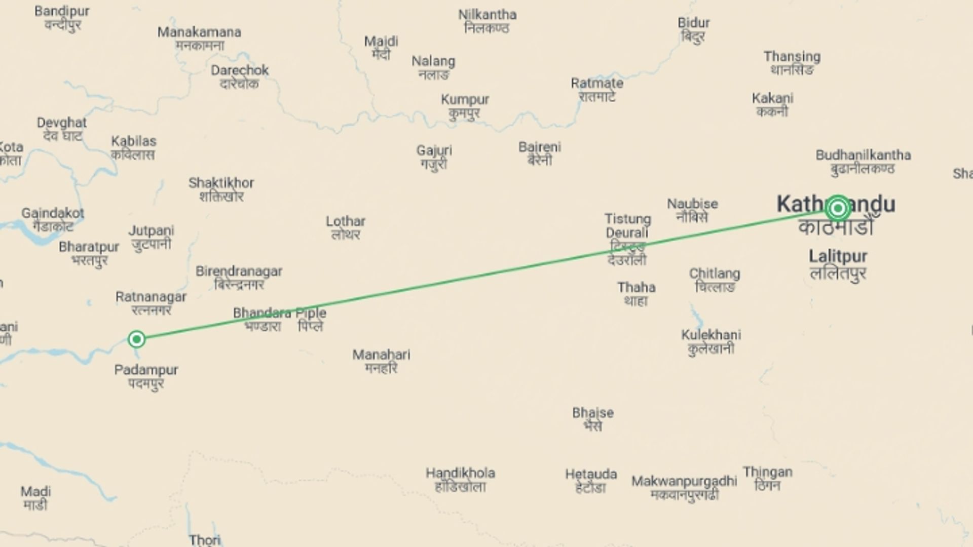 A map showing the tour itinerary for the trip: Kathmandu & Chitwan NP - 6 days, starting in Kathmandu, Nepal and ending in Kathmandu, Nepal going through 1 other destinations.