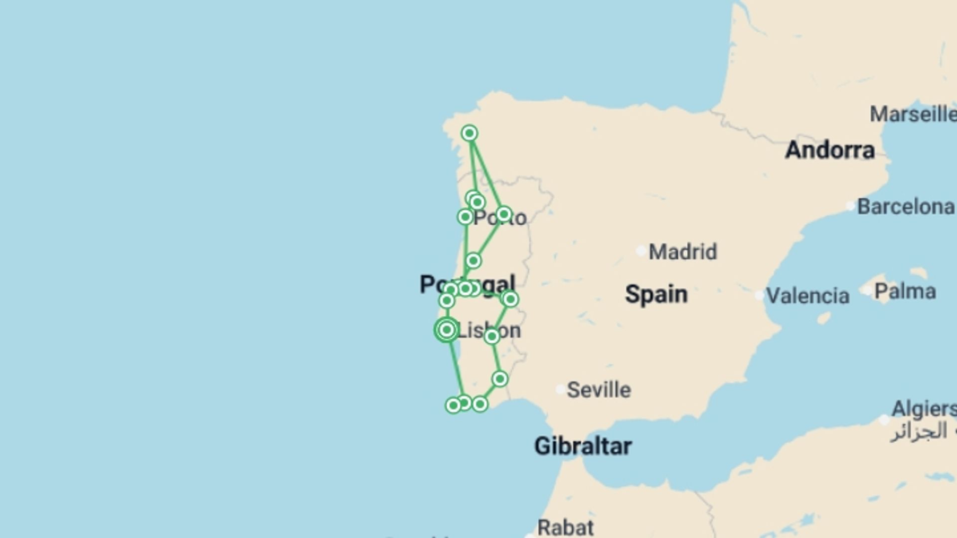 A map showing the tour itinerary for the trip: Complete Portugal ROT, starting in Lisbon, Portugal and ending in Lisbon, Portugal going through 5 other destinations.