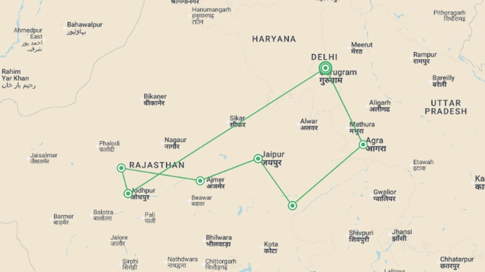 A map showing the tour itinerary for the trip: Rajasthan & Golden Triangle Adventure  - 13 days, starting in New Delhi, India and ending in New Delhi, India going through 6 other destinations.