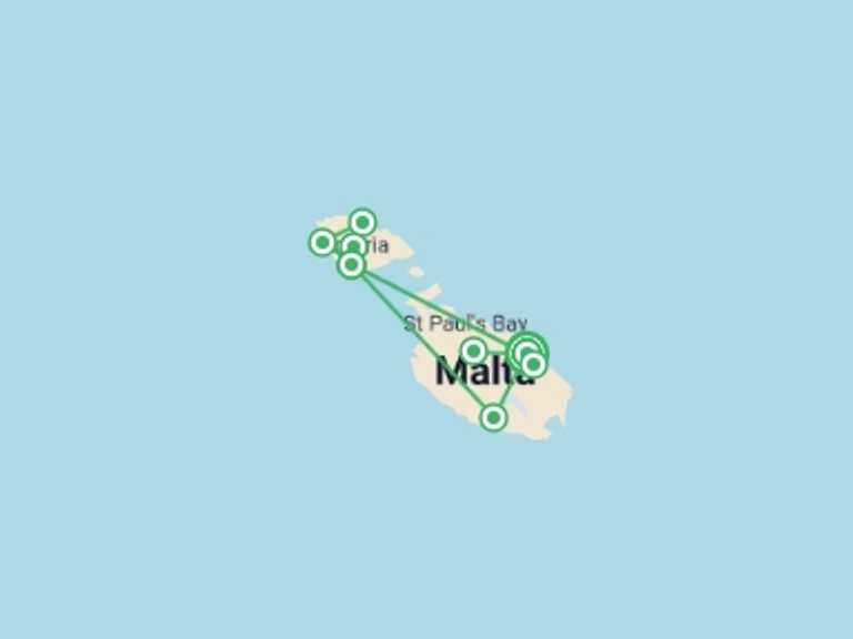 Map itinerary of Europe Tour in May 2026 with 3 destination visits for the trip: Malta Highlights
