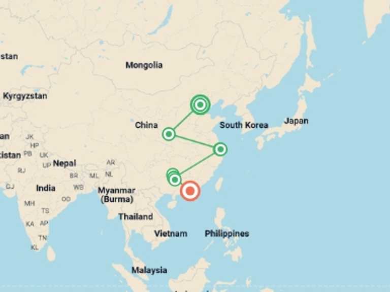 Map of Asia Tour with 5 destination visits for the trip: Beijing to Guilin and Hong Kong (4-5 Star) - 13 days