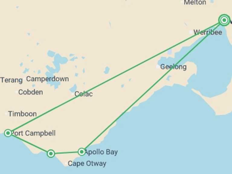 Map itinerary of Australia Tour in Spring with 4 destination visits for the trip: Hike the Great Ocean Walk