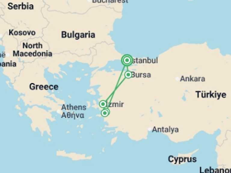 Map itinerary of Europe Tour in July 2026 with 2 destination visits for the trip: Istanbul and Ephesus