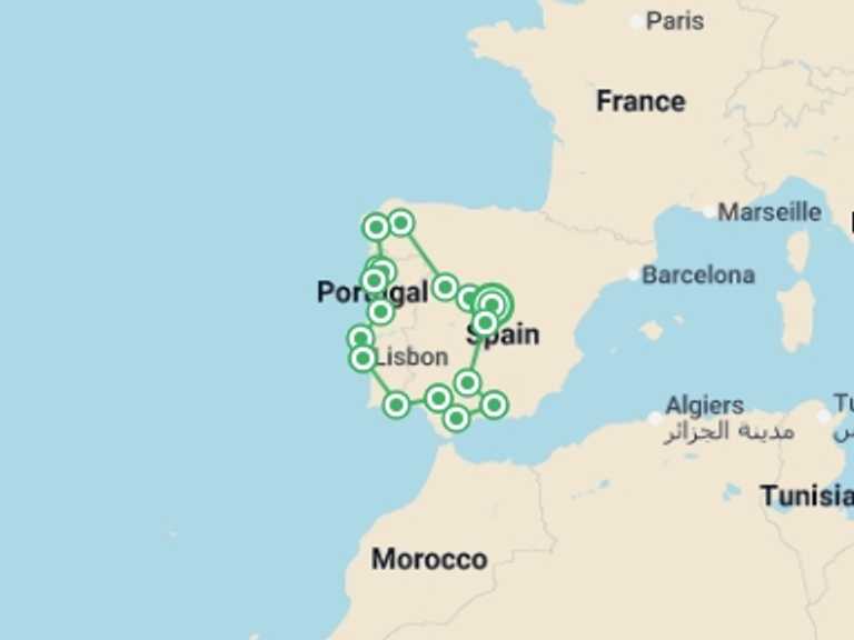 Map of 13-Day Madrid Tour with 8 destination visits for the trip: Portugal & Spain From Madrid - 13 days