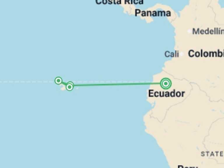 Map itinerary of South America Tour in December 2026 with 3 destination visits for the trip: Quito & Galapagos Explorer - 5 days