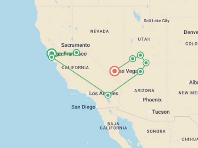 Map itinerary of USA Tour in August 2026 with 8 destination visits for the trip: USA Road Trip — Yosemite, Canyons & Camping