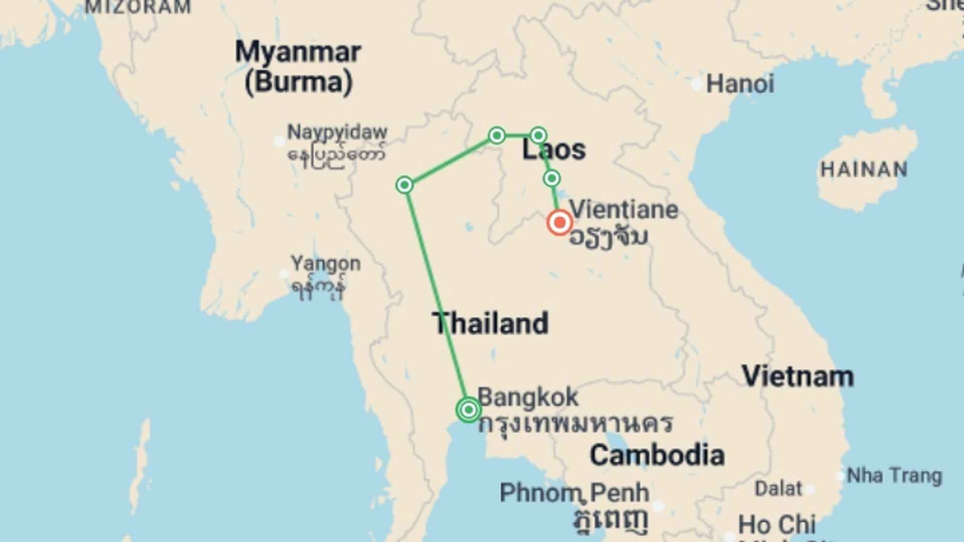 A map showing the tour itinerary for the trip: Real Thailand & Laos, starting in Bangkok, Thailand and ending in Vientiane, Laos going through 5 other destinations.
