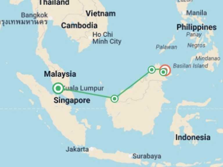 Map of 9-Day Asia Tour with 7 destination visits for the trip: Borneo Adventure