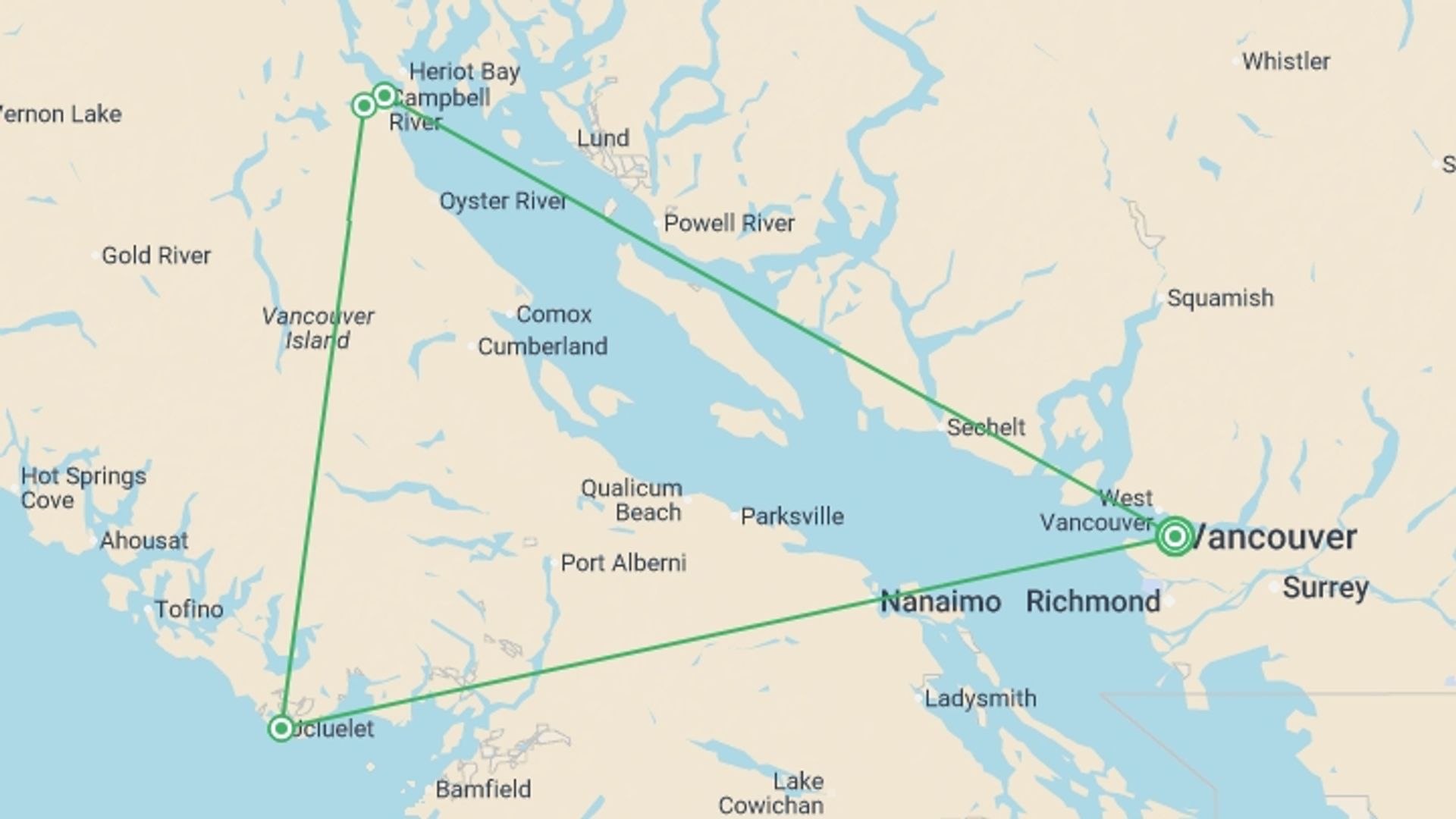 A map showing the tour itinerary for the trip: Whales & Bears of British Columbia, starting in Vancouver, Canada and ending in Vancouver, Canada going through 3 other destinations.