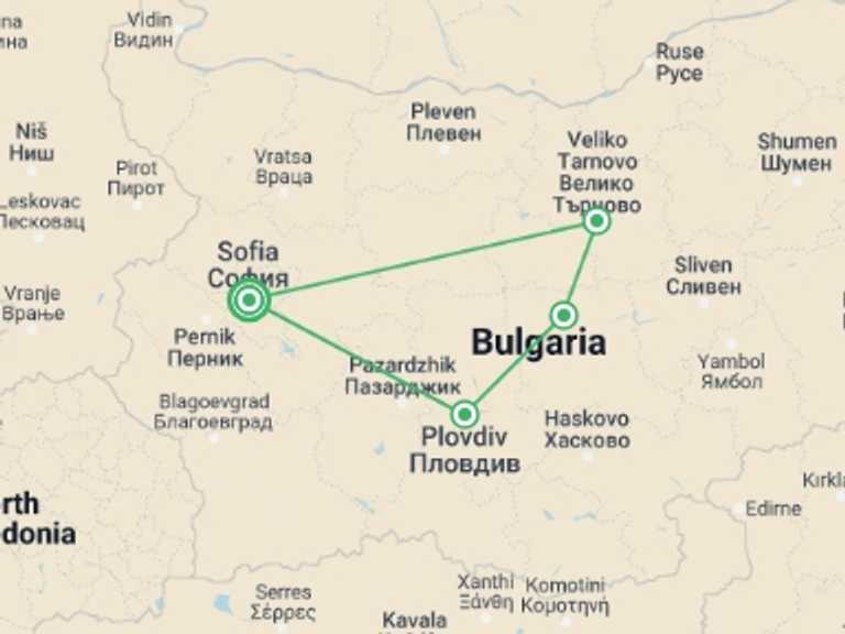 Map of Bulgaria Tour with 4 destination visits for the trip: Highlights of Bulgaria