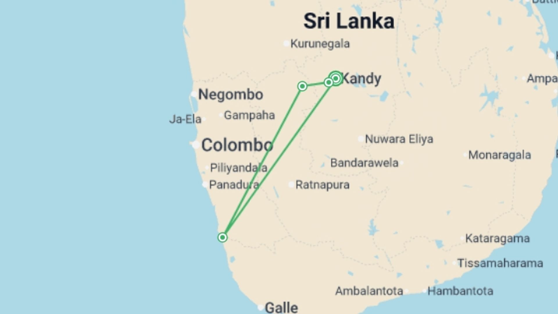 A map showing the tour itinerary for the trip: Kandy 2 Days, Private Tour, starting in Kandy, Sri Lanka and ending in Kandy, Sri Lanka going through 2 other destinations.