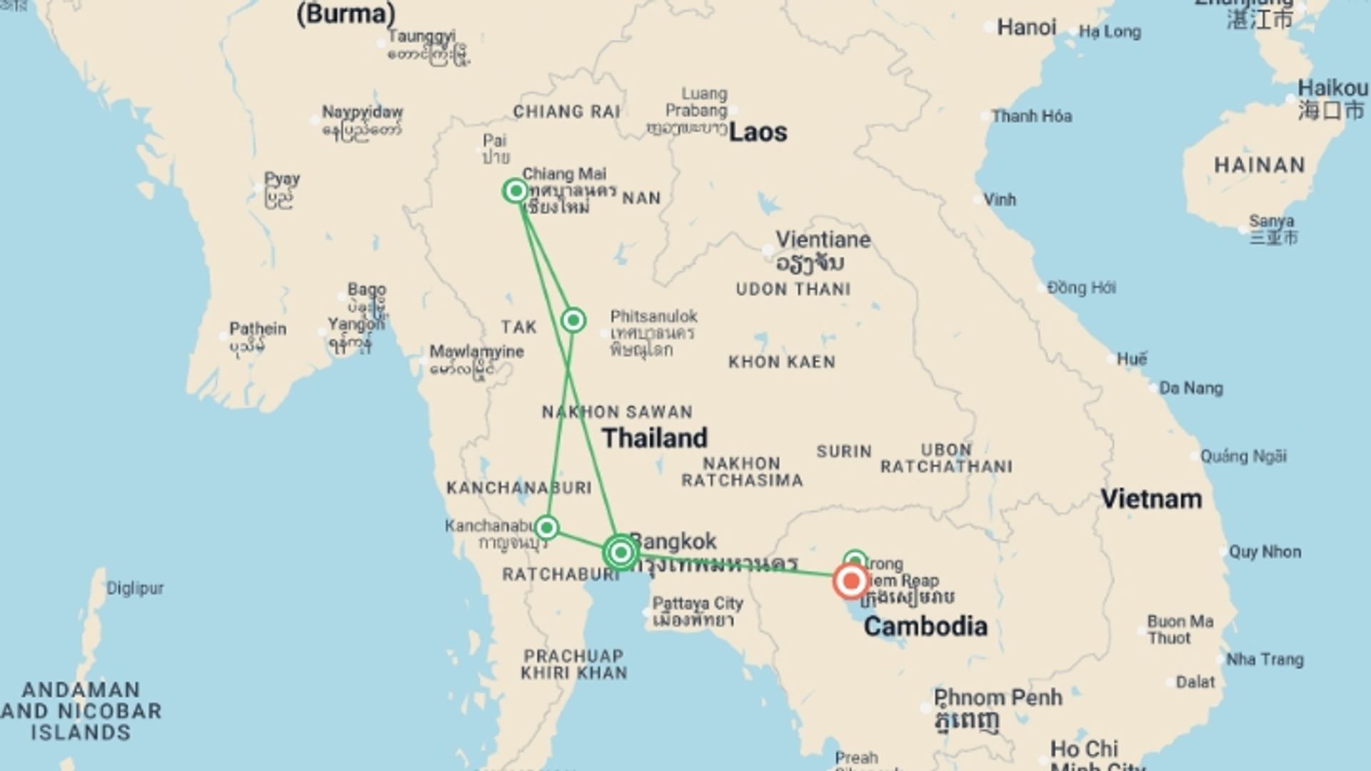A map showing the tour itinerary for the trip: Thailand and the Temples of Angkor, starting in Bangkok, Thailand and ending in Siem Reap, Cambodia going through 6 other destinations.