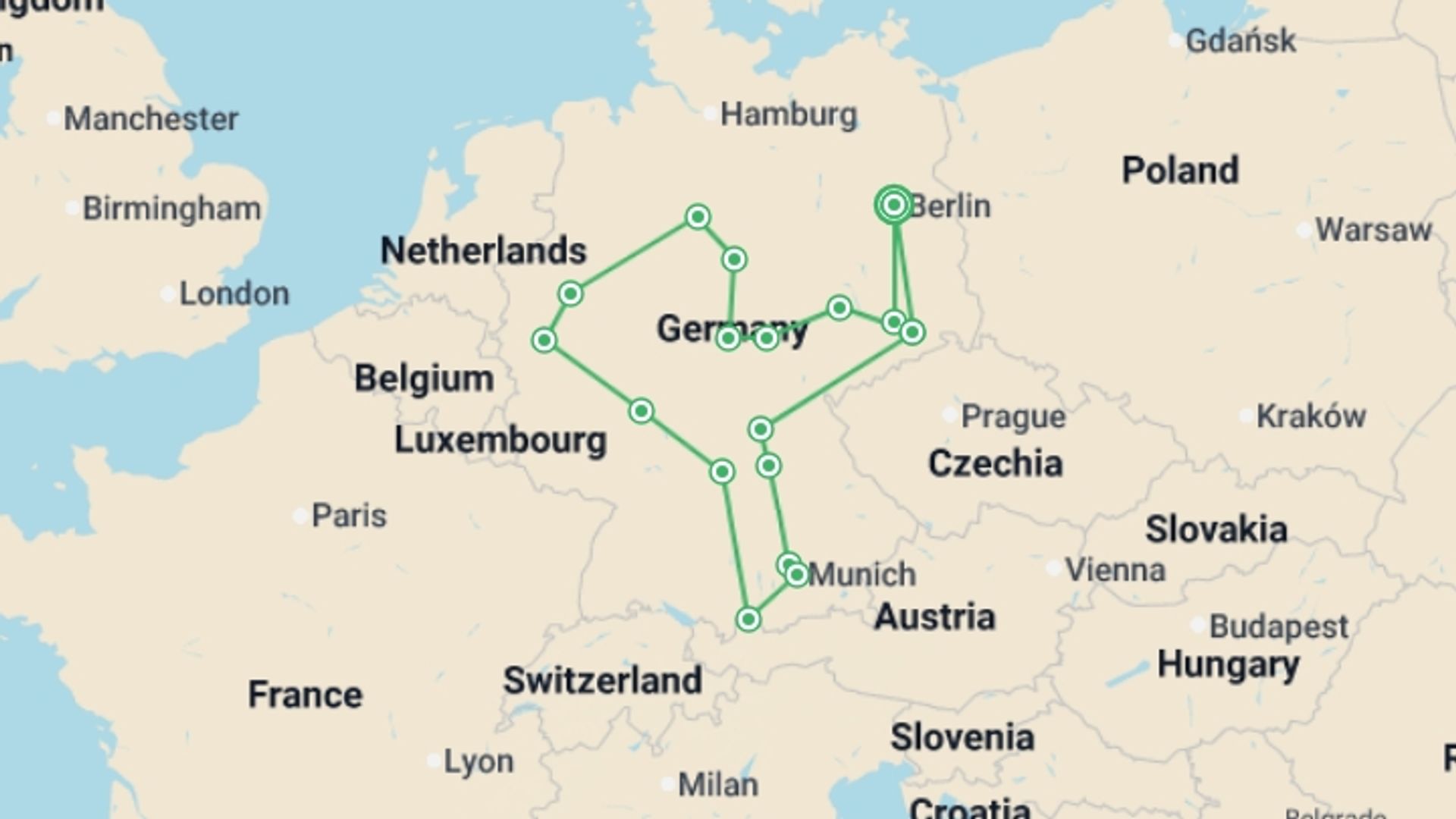 A map showing the tour itinerary for the trip: Great Cities and Castles Route with Berlin, starting in Berlin, Germany and ending in Berlin, Germany going through 7 other destinations.