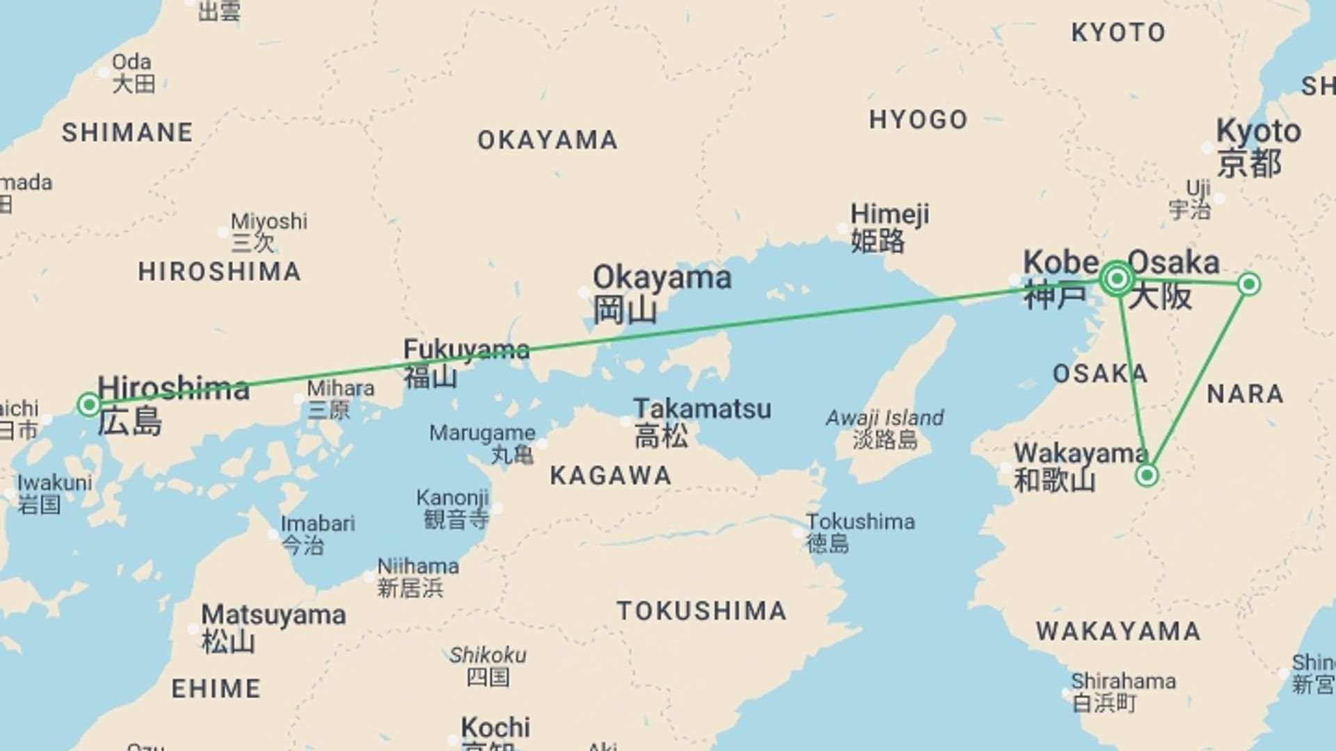 A map showing the tour itinerary for the trip: Osaka & Hiroshima Adventure - 6 days, starting in undefined, Japan and ending in undefined, Japan going through 0 other destinations.