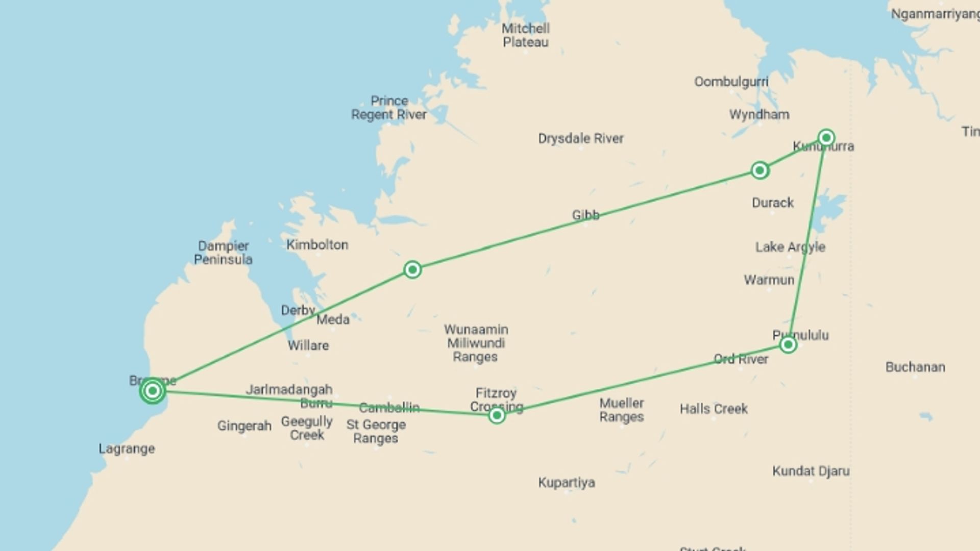 A map showing the tour itinerary for the trip: Kimberley Gorges & Gibb River Road, starting in undefined, Australia and ending in undefined, Australia going through 0 other destinations.