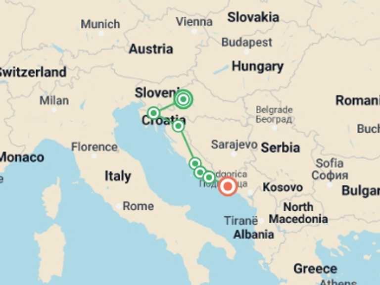 Map of Croatia Natural landmarks sightseeing Tour with 7 destination visits for the trip: Country Roads of Croatia
