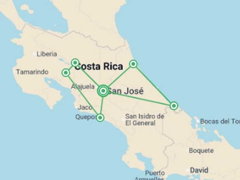 Map itinerary of Costa Rica Tour in Summer with 6 destination visits for the trip: Premium Costa Rica in Depth